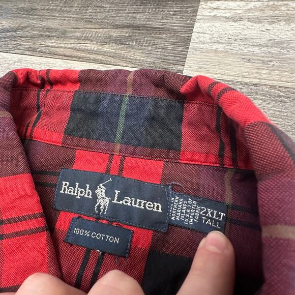Vintage 90s Ralph Lauren Red Black Tartan Mens 2XLT Button Up Long Sleeve Shirt - Picture 4 of 9